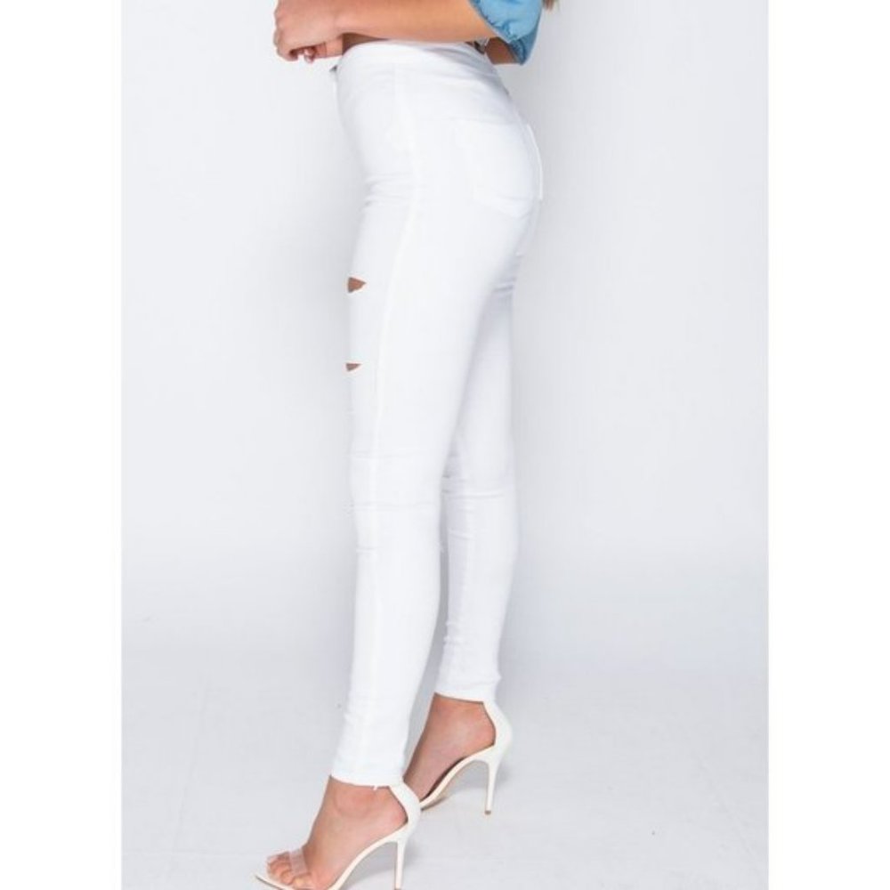 White High Waist Ripped Distressed Skinny Denim Jeggings Pants - Picture 9 of 10